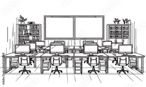 Doodles sketch classroom interior with desks and computers