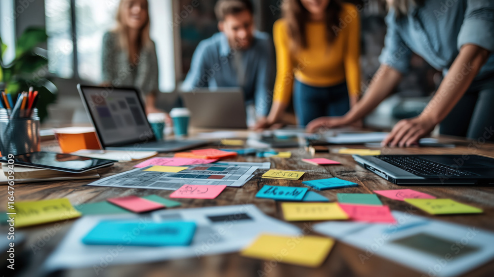 Obraz premium a creative marketing team brainstorming around a table with sticky notes and laptops