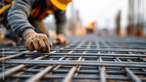 Medium shot capturing an ironworker wearing a powered exoskeleton while aligning steel rebar mats on a bridge deck with the workers upper body in clear focus and rest softly
