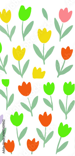 Wallpaper Mural Colorful tulip flowers with green stems scattered on a white background. Torontodigital.ca