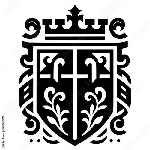 Royal Crest Emblem: An intricate crest, symbolic of royalty, features a majestic crown above a shield adorned with symbolic elements and flourishes, embodying the grandeur and legacy of heraldry.