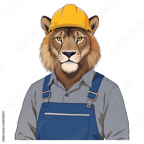 Lion Construction Worker: A whimsical image of a lion, smartly dressed in construction attire, wearing a hard hat, personifying strength and craftsmanship