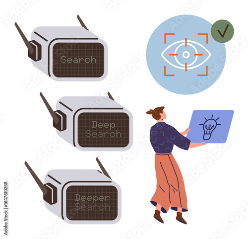 Woman holding blueprint with lightbulb, engaging with three levels of search technology and eye recognition. Ideal for innovation, research, AI, exploration, technology, data study, creative
