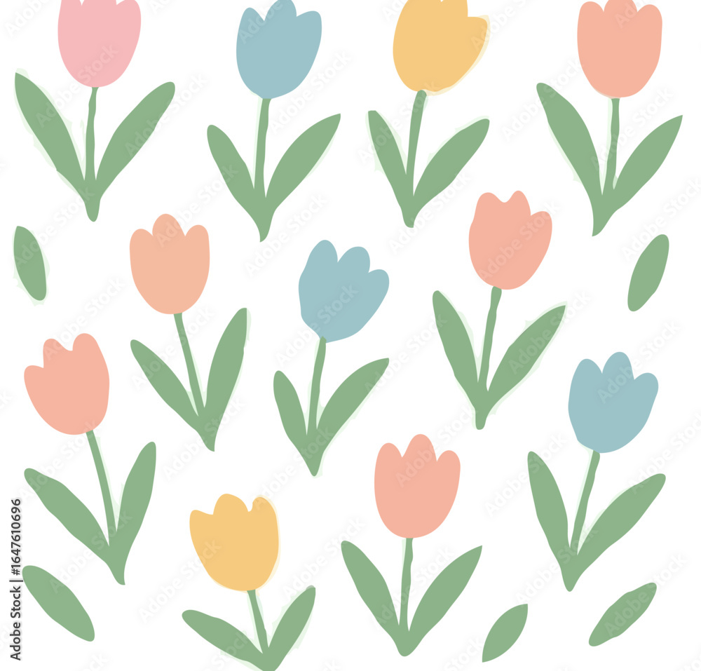 Obraz premium Pastel-colored tulips arranged in a cheerful, repeating pattern on a white background.