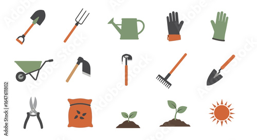 Flat Icons of Various Gardening Tools and Supplies