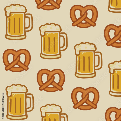 Beer Mug and Pretzel Oktoberfest Seamless Pattern Background