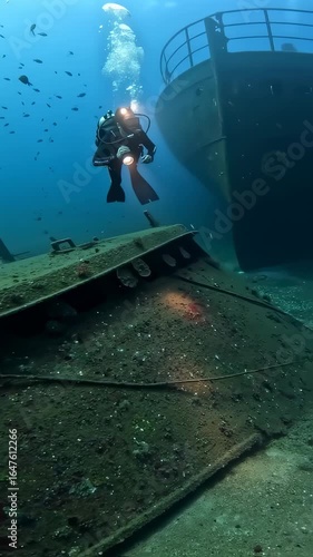 Exploring Sunken Treasures: A Diver Investigates a Mysterious Shipwreck Beneath Crystal Clear Waters Surrounded by Colorful Marine Life and Hidden Wonders