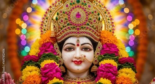 Wallpaper Mural Devi Maa adorned with colorful flowers and radiant lights Torontodigital.ca