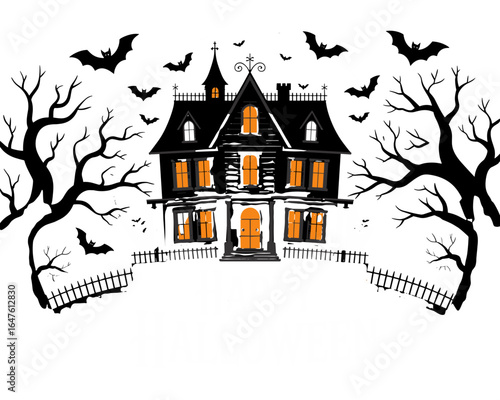 Spooky Haunted House Illustration with Creepy Barren Trees and Flying Bats for Halloween Night
