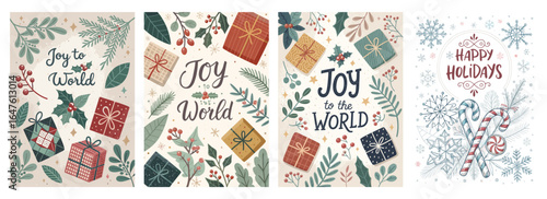 Festive holiday card designs featuring gifts, greenery, and cheerful messages for a joyous celebration.