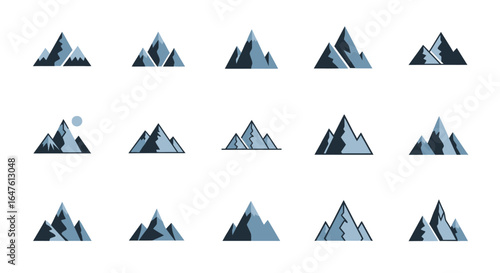 Set of fifteen stylized geometric mountain icons in varying shades of blue and grey, featuring diverse peak shapes and outlines.