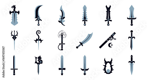 Set of fantasy weapon icons featuring swords, daggers, and blades in a two-tone silhouette style.