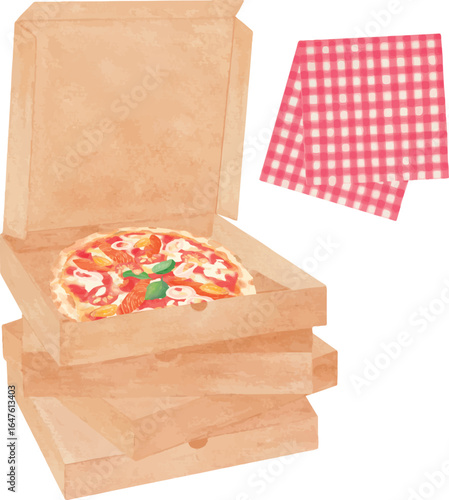 Vector illustration of Seafood Pizza in an open delivery box, accompanied by a stack of pizza boxes and a traditional Italian checkered napkin.