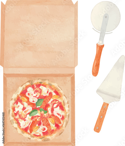 Set of vector illustrations featuring Seafood Pizza in an open delivery box viewed from above, a pizza cutter (roller), and a pizza peel (spatula). 