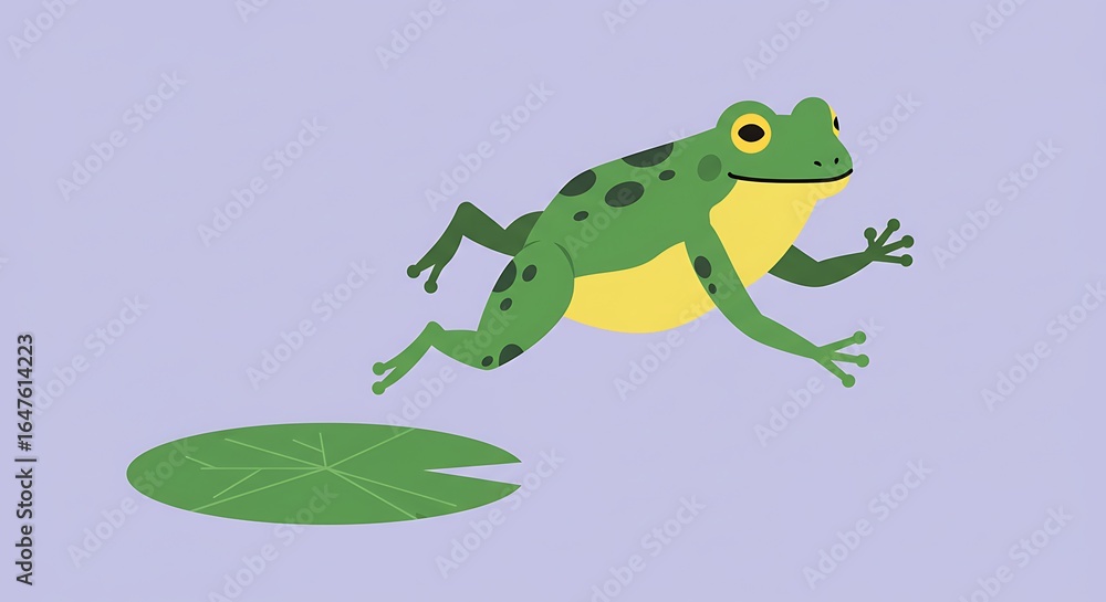 Fototapeta premium Green frog leaping cartoon vector graphic on light violet background