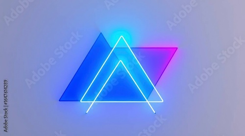 Geometric composition featuring blue and magenta triangles behind a luminous white neon triangle