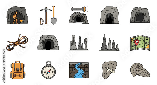 Vector Illustration of a Person Exploring a Cave with Tools