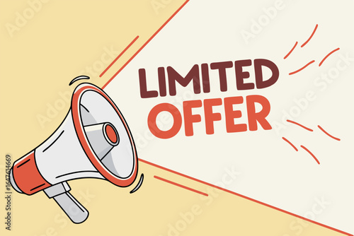 Vector illustration of a megaphone with limited offer text. Ideal for advertising campaigns, discount promotions, and special deals.