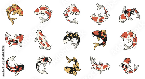 Vibrant Stylized Koi Fish Illustrations in Various Swimming Poses with Distinct Patterns