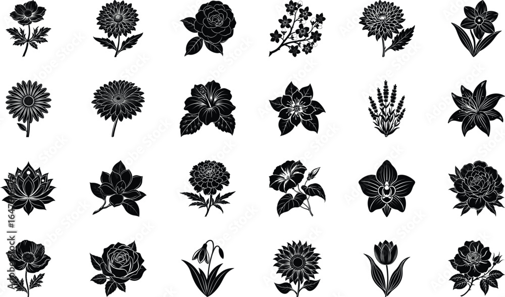 Fototapeta premium Black Floral Silhouette Vector Icons Set – Botanical Flowers and Plants Clipart Bundle for Patterns, Logos, and Digital Design
