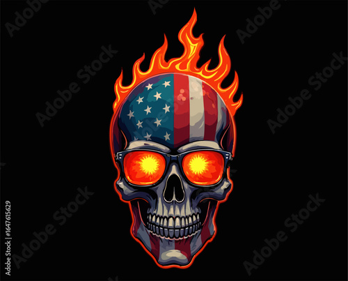 Vector t-shirt design with burning human skull
with usa flag mask, fire glasses on black background.
Fashionable american print for fabric, paper, men clothing,
hoodie, jacket. T shirt template.