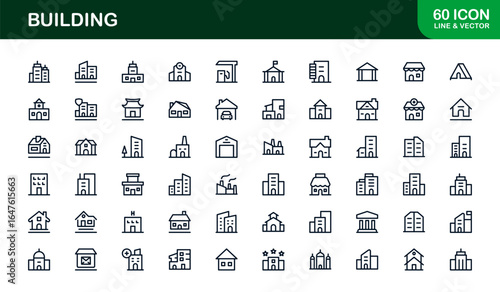 Vector Building Icon Set Featuring Modern Architecture, Construction, Skyscrapers, and Real Estate Symbols