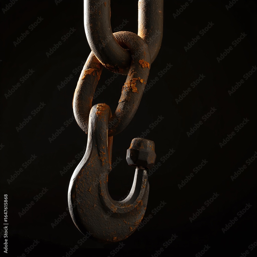 Obraz premium Rusty Metal Chain and Hook in Dark Setting Symbolizing Strength and Industrial Heritage Closeup