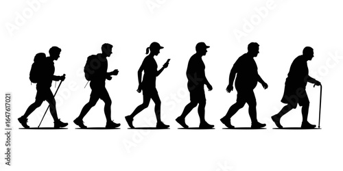 Silhouette of human life cycle evolution, showing a man's aging process from youth to old age