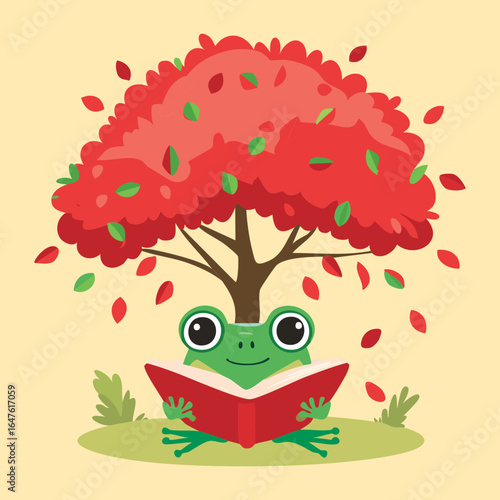  A Little Frog Character Reading a Book under a Tree