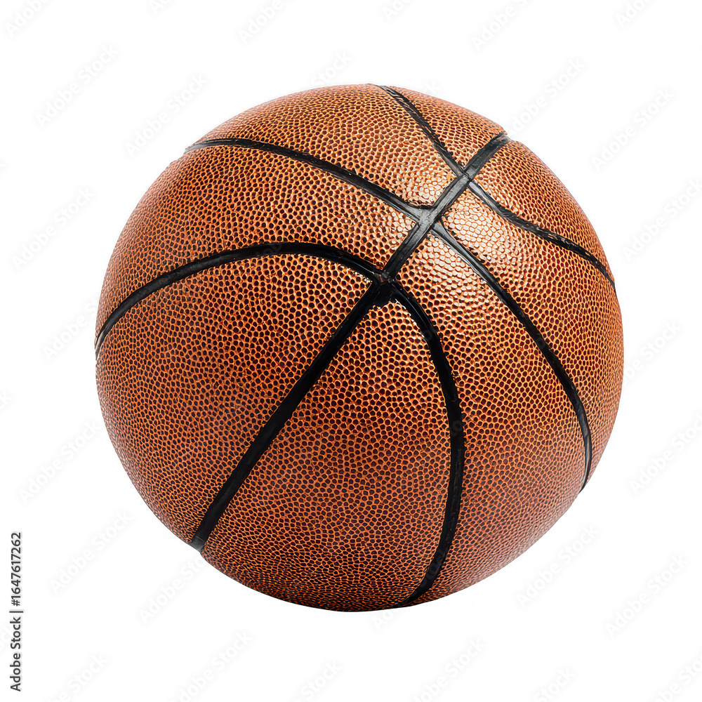 Fototapeta premium Basketball ball isolated on transparency background with textured surface and black lines, used for sports and outdoor games, showing detailed close up of orange leather material