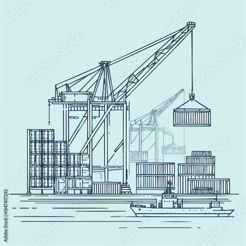 Container port illustration with crane and cargo ships unloading
