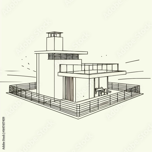 Sketch of a modern house with a rooftop terrace and balcony in a minimalist style

