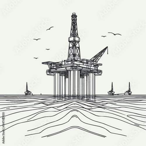 Vector illustration of an offshore oil rig surrounded by water and other rigs in the distance
