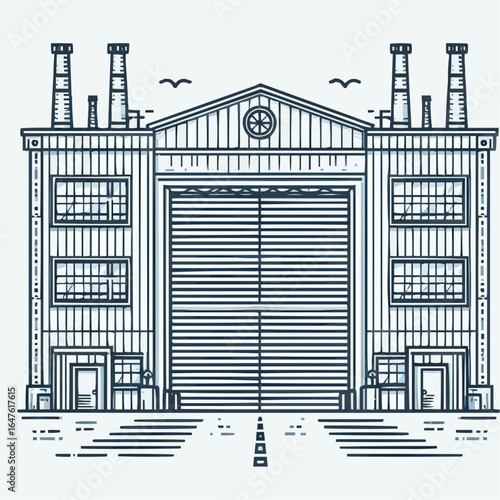 Industrial warehouse illustration with smokestacks and large rolling doors
