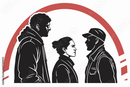 Illustration of three diverse people standing together in solidarity and support for a common cause