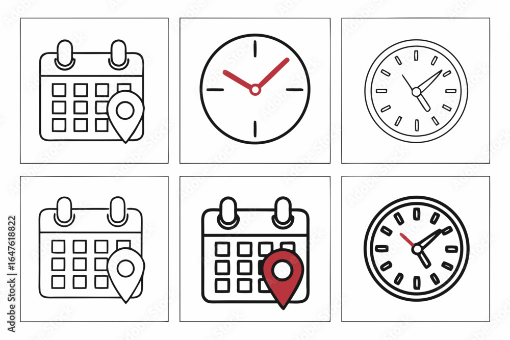 Fototapeta premium Vector art of various calendar and clock icons representing time management and scheduling for business and personal use in a simple line art style