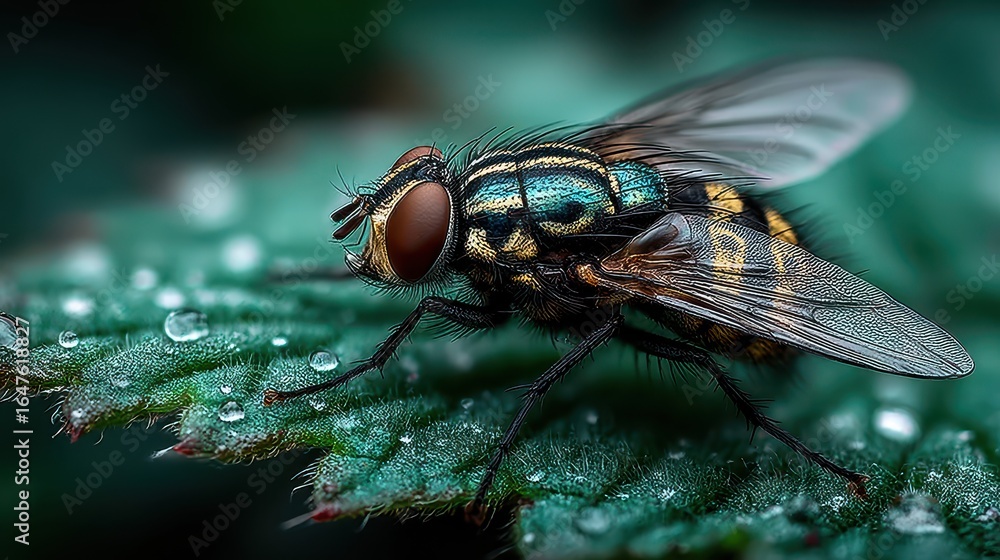 Obraz premium Close-up view of a colorful fly resting on a green leaf surrounded by droplets of water