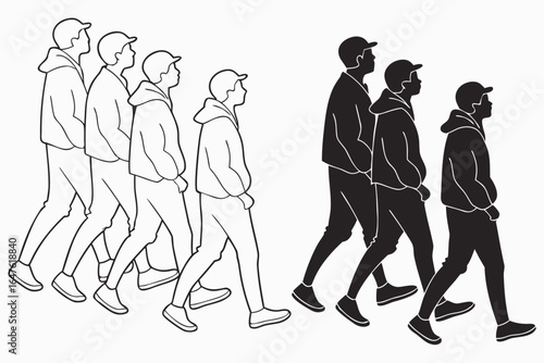 Illustration of a group of men walking in a sequence showing movement and direction in a simple style