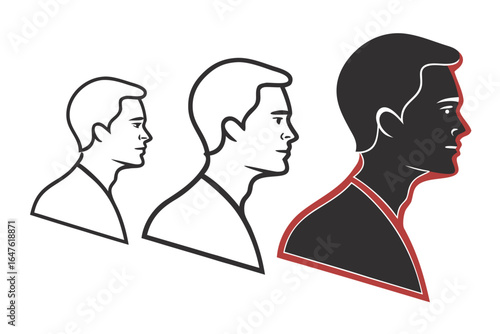 Illustration of a mans profile in three stages showing the development of a design from outline to completion