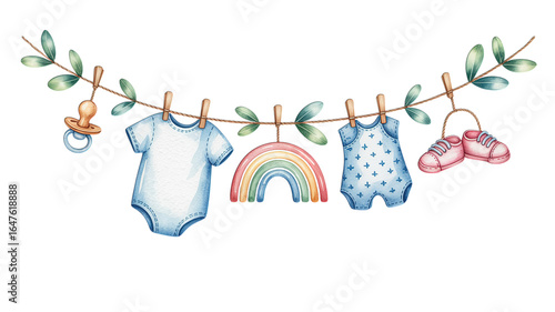 Baby clothes and accessories hanging on a line with leaves and clothespins