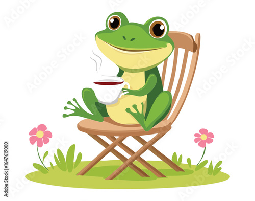 Happy Frog Mascot Drinking Coffee while on a Deck Chair