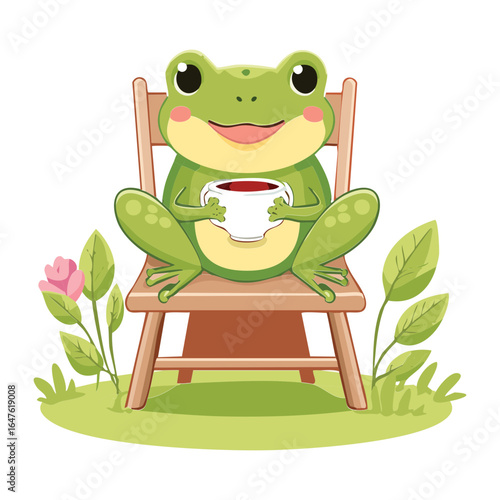 Cute Frog Mascot Sipping Coffee on a Deck Chair