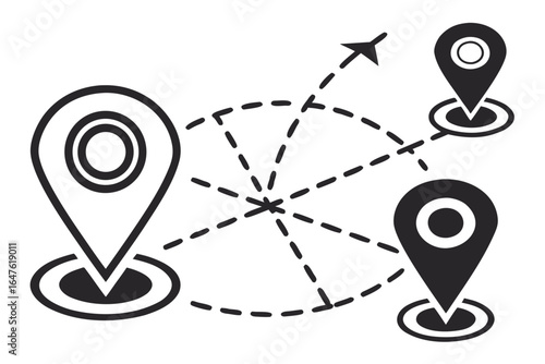 Illustration of travel route with location pins and airplane showing connections between destinations for tourism and navigation