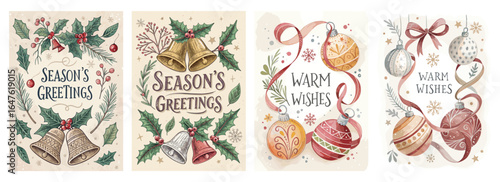 Festive holiday cards featuring decorative bells and ornaments with warm wishes and season's greetings.