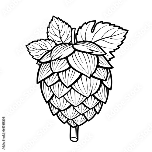 Detailed Line Art Illustration of a Hop Cone with Attached Leaves