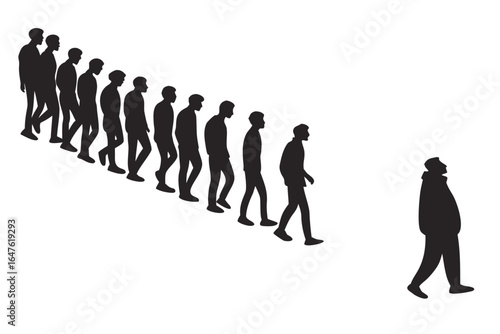 Vector art of a lone individual walks away from a group of people symbolizing nonconformity and independent thinking in a vector illustration
