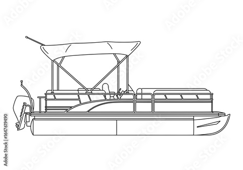 Line Drawing of a Pontoon Boat with Canopy and Outboard Motor