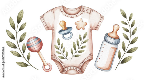 Illustration of baby bodysuit with bottle, rattle, and olive branches