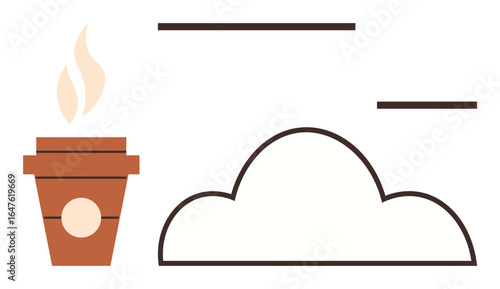 Hot coffee cup with steam next to a cloud and horizontal lines suggesting movement, freshness, or relaxation. Ideal for creativity, morning routine, coffee break, brainstorming, motivation