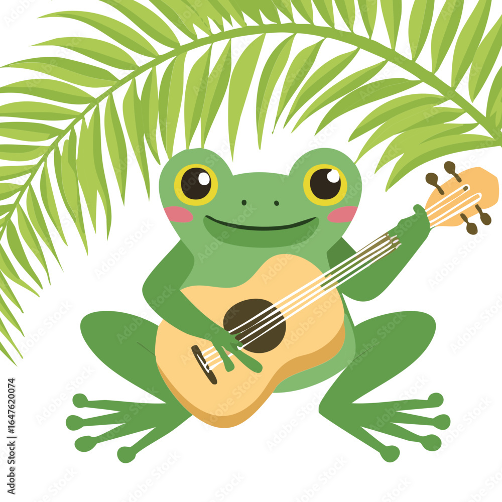 Obraz premium Happy Frog Mascot Playing Ukulele with a Large Palm Leaf